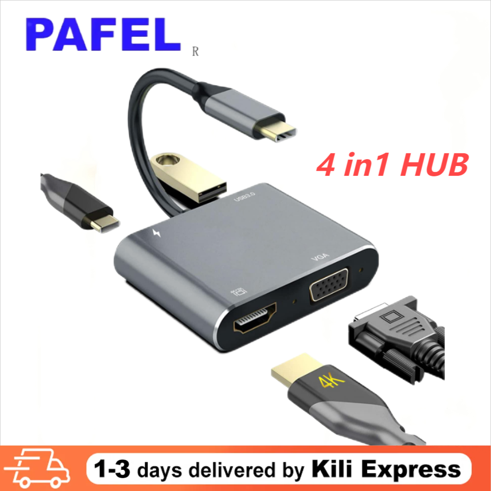 USB C Hub HDMI VGA Multi Port Adapter 4-in-1 Hub USB 3.0 OTG Charging Power PD Port Internet Splitter USB to HDMI Compatible VGA Adapter Converter HDMI Compatible Extender