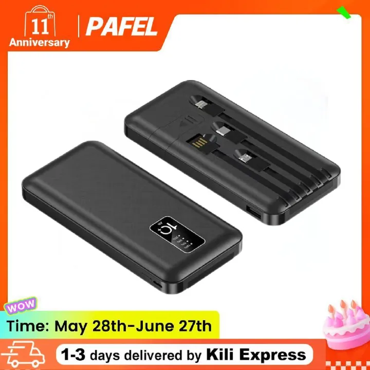 PAFEL Power Bank 20000mAh Built in 4 Cable Portable Charger External Battery Pack Powerbank For iPhone Huawei Xiaomi Samsung Tecno OPPO phone Refurbished Phone SmartPhones Mobile Phones Tablet PC