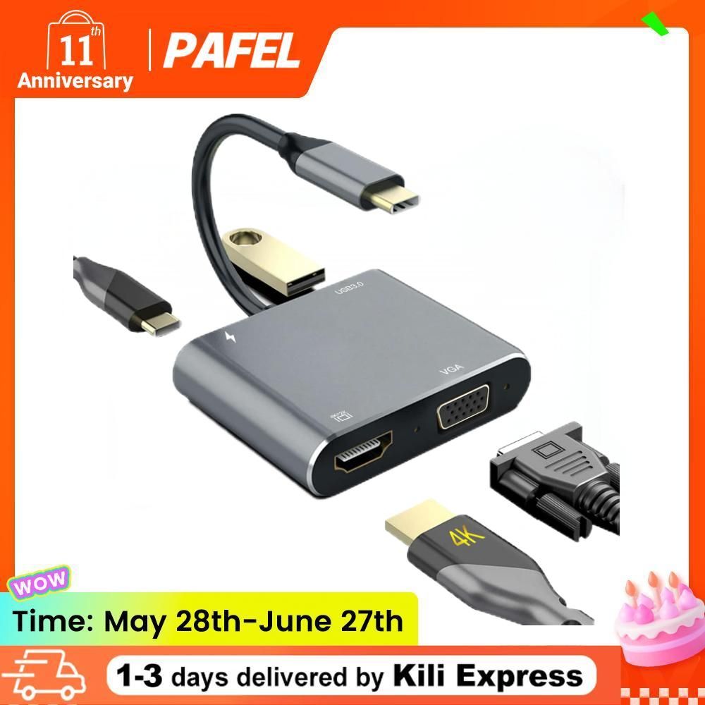 USB C Hub HDMI VGA Multi Port Adapter 4-in-1 Hub USB 3.0 OTG Charging Power PD Port Internet Splitter USB to HDMI Compatible VGA Adapter Converter HDMI Compatible Extender