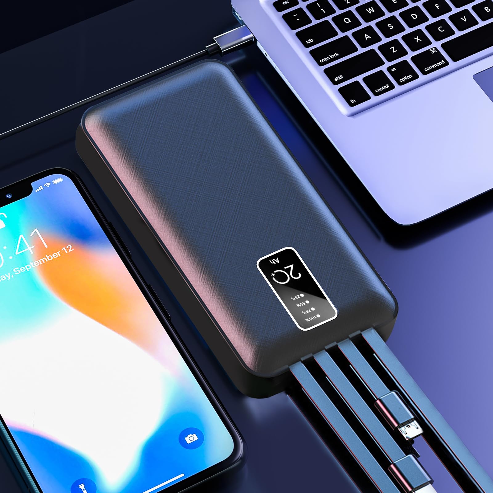 PAFEL Power Bank 20000mAh Built in 4 Cable Portable Charger External Battery Pack Powerbank For iPhone Huawei Xiaomi Samsung Tecno OPPO phone Refurbished Phone SmartPhones Mobile Phones Tablet PC