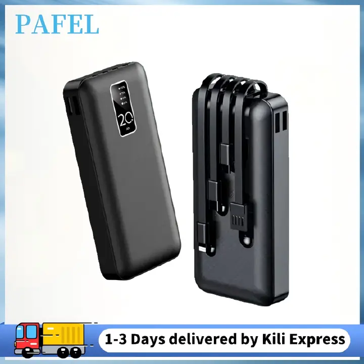 PAFEL Power Bank 20000mAh Built in 4 Cable Portable Charger External Battery Pack Powerbank For iPhone Huawei Xiaomi Samsung Tecno OPPO phone Refurbished Phone SmartPhones Mobile Phones Tablet PC