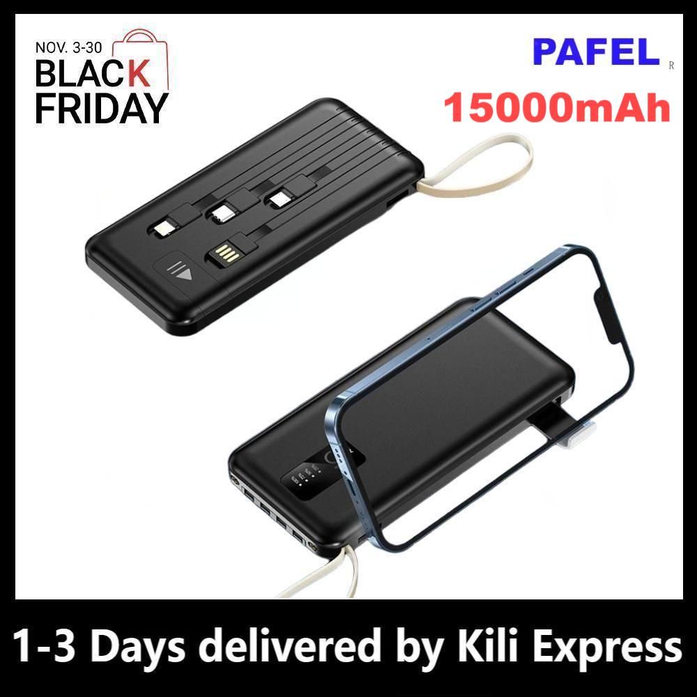 PAFEL Power Bank 15000mAh Built in 4 Cable Portable Charger External Battery Pack Powerbank For iPhone Huawei Xiaomi Samsung Tecno OPPO phone Refurbished Phone SmartPhones Mobile Phones Tablet PC