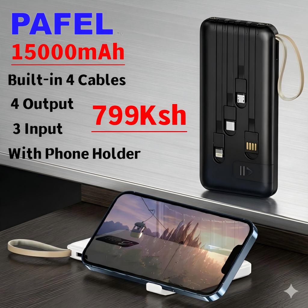 Original PAFEL 15000mAh Power Bank with Built-in 4 Cables - New Portable Charger External Battery Pack for iPhone Samsung Huawei Xiaomi Tecno OPPO  PAFEL Power Banks - Black
