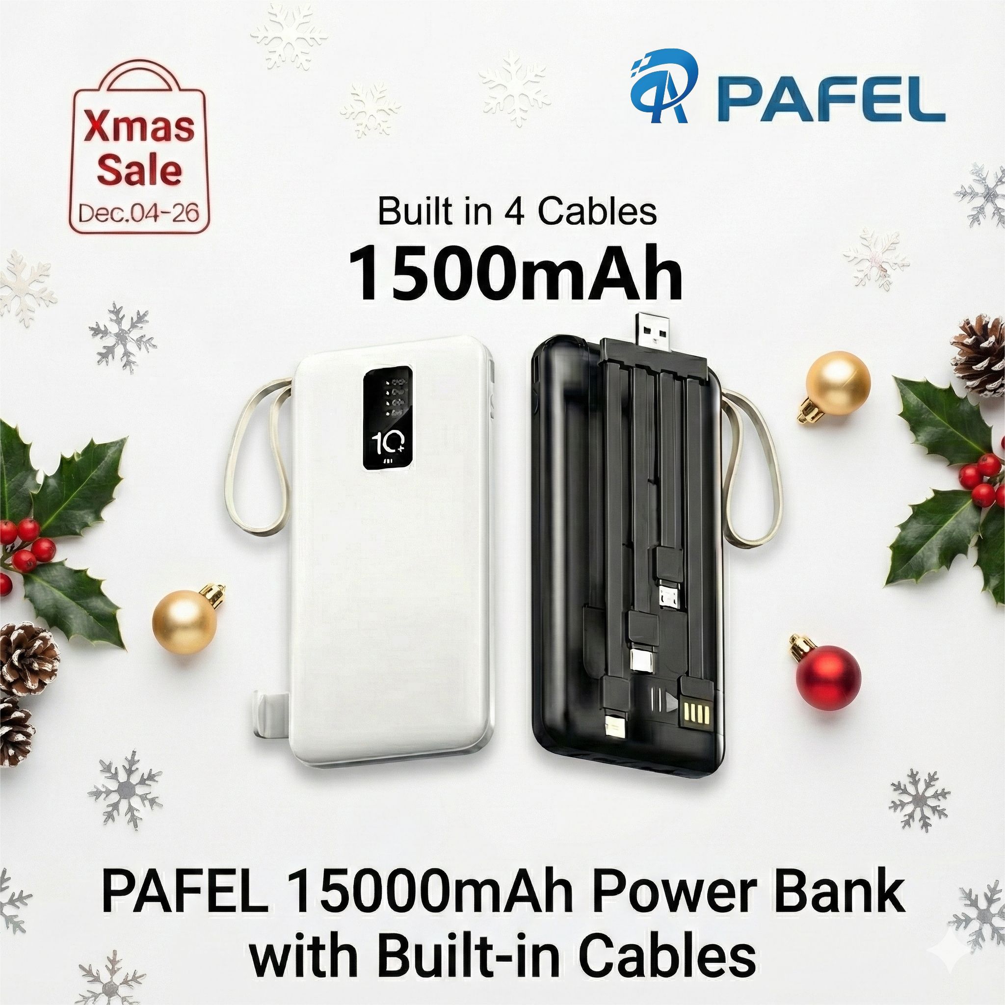 Original PAFEL 15000mAh Power Bank with Built-in 4 Cables - New Portable Charger External Battery Pack for iPhone Samsung Huawei Xiaomi Tecno OPPO  PAFEL Power Banks - Black