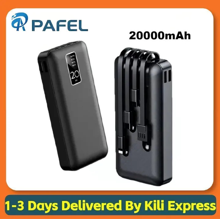 PAFEL Power Bank 20000mAh Built in 4 Cable Portable Charger External Battery Pack Powerbank For iPhone Huawei Xiaomi Samsung Tecno OPPO phone Refurbished Phone SmartPhones Mobile Phones Tablet PC