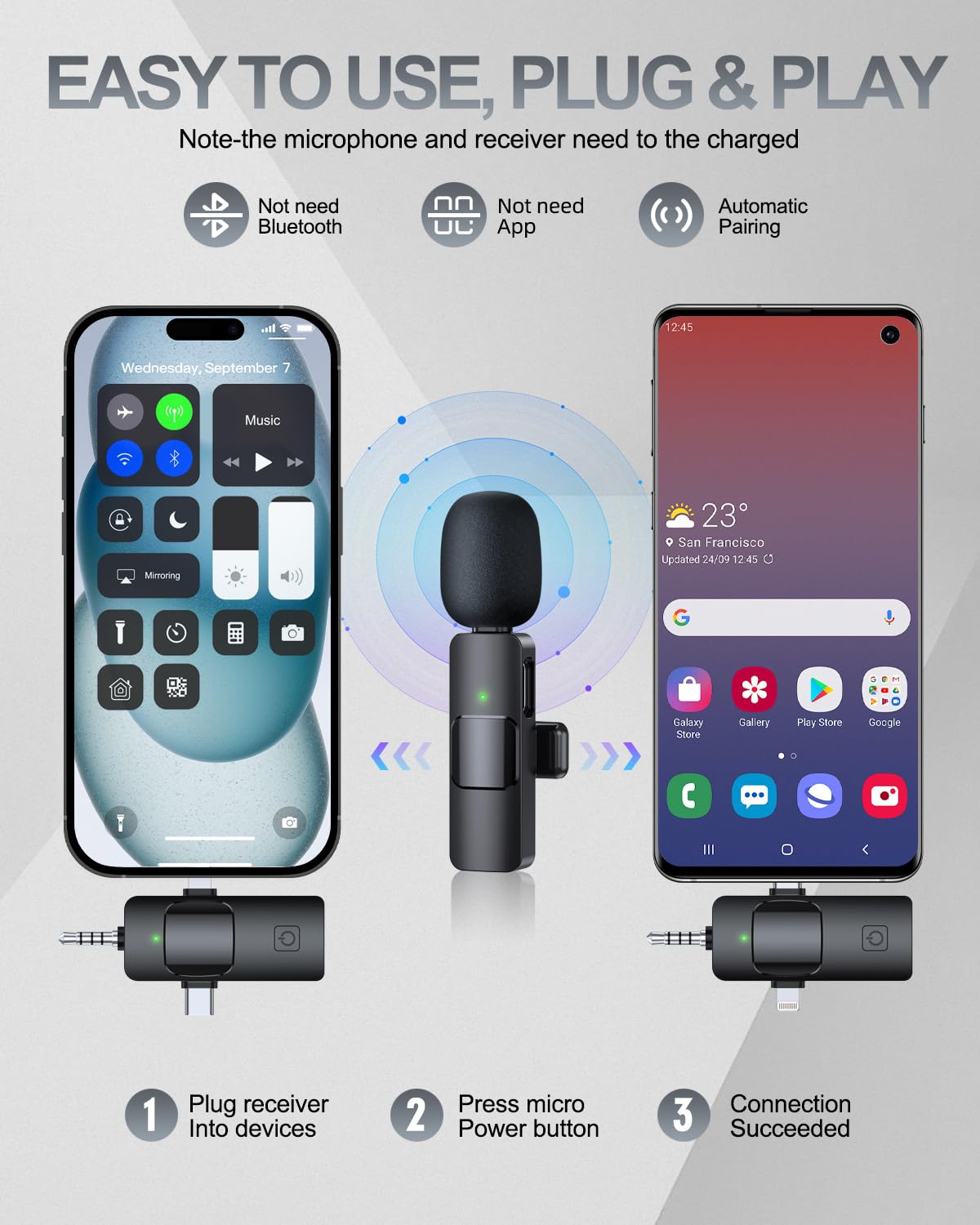 PAFEL 3 In 1 Professional Wireless Lavalier Microphone Recording Mini Clear High Quality Dual Microphone Windproof Microphone Suitable For Smartphones Cameras Computers Live Video Shooting