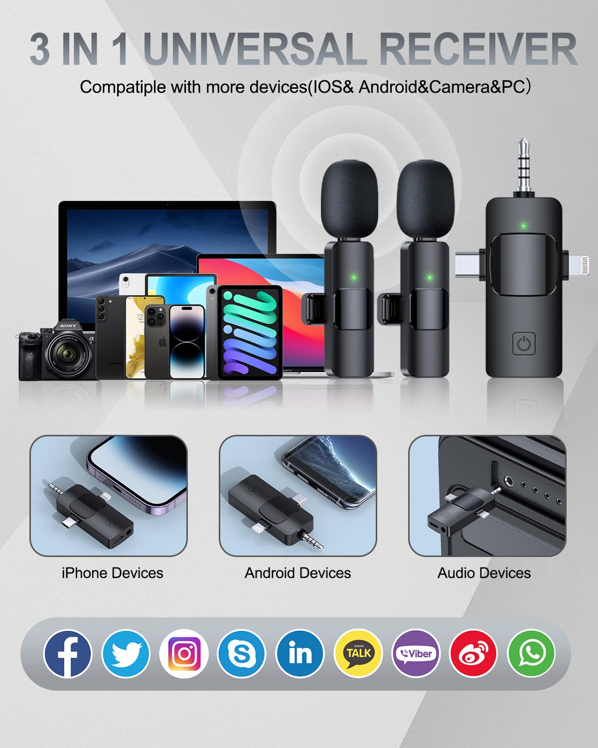 PAFEL 3 In 1 Professional Wireless Lavalier Microphone Recording Mini Clear High Quality Dual Microphone Windproof Microphone Suitable For Smartphones Cameras Computers Live Video Shooting