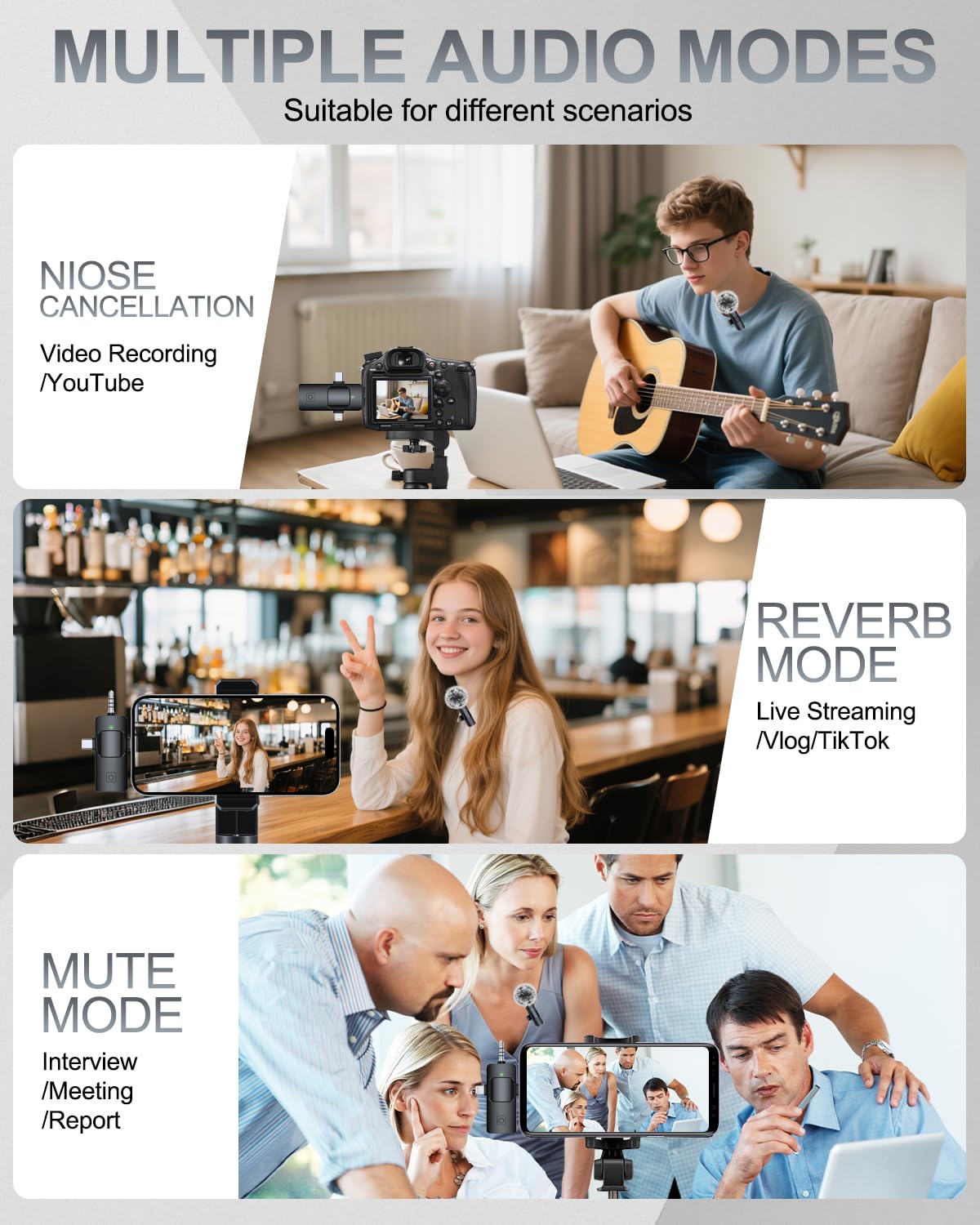 PAFEL 3 In 1 Professional Wireless Lavalier Microphone Recording Mini Clear High Quality Dual Microphone Windproof Microphone Suitable For Smartphones Cameras Computers Live Video Shooting