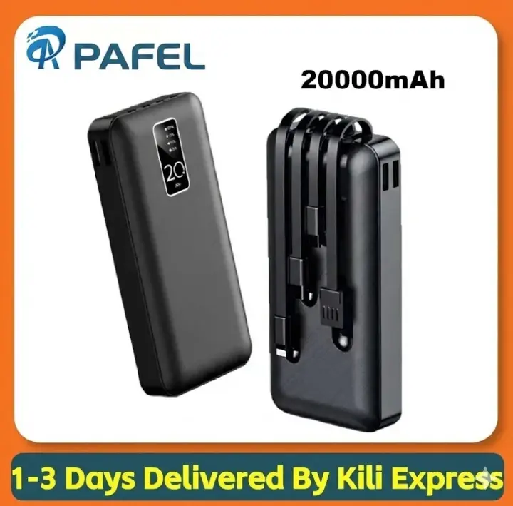 PAFEL Power Bank 20000mAh Built in 4 Cable Portable Charger External Battery Pack Powerbank For iPhone Huawei Xiaomi Samsung Tecno OPPO phone Refurbished Phone SmartPhones Mobile Phones Tablet PC