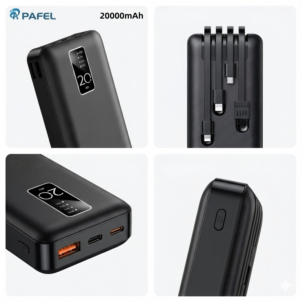 PAFEL Power Bank 20000mAh Built in 4 Cable Portable Charger External Battery Pack Powerbank For iPhone Huawei Xiaomi Samsung Tecno OPPO phone Refurbished Phone SmartPhones Mobile Phones Tablet PC