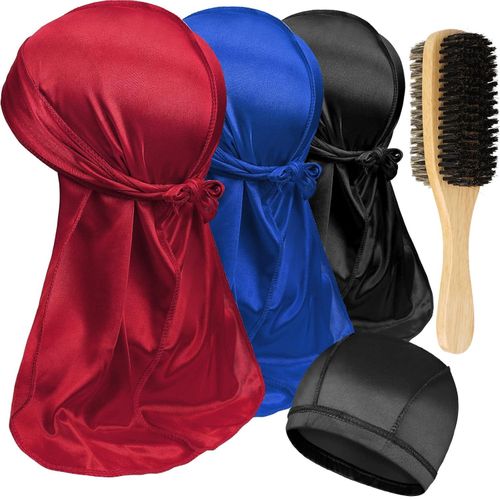 3PCS Silky Durags with Double Sided Brush for Men Wave, Satin Doo Rags for 360, 540, 720 Waves, Award 1 Wave Cap (red+blue+black)