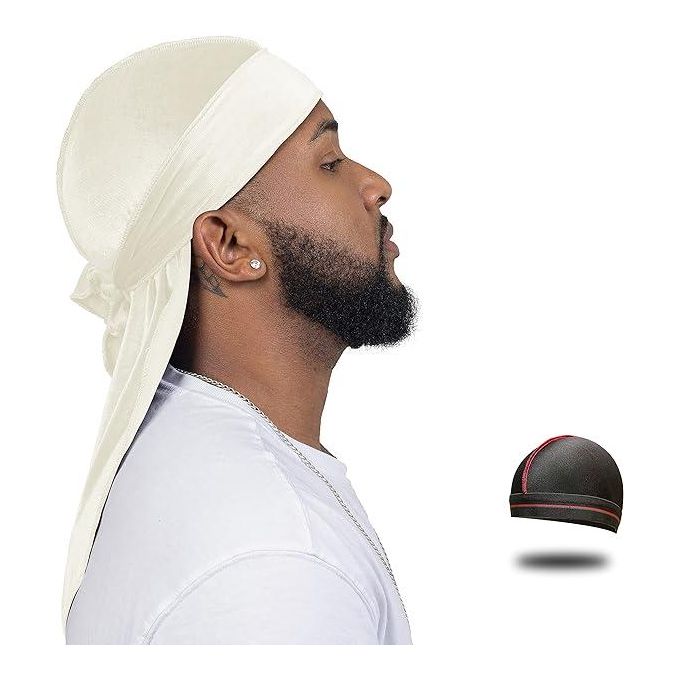 QUALITY GUARANTEED - Premium Silk/Velvet/Bandana WHITE Durags with Long Tail Colorful 360 Waves Cap Doo rag for Men Du-rag