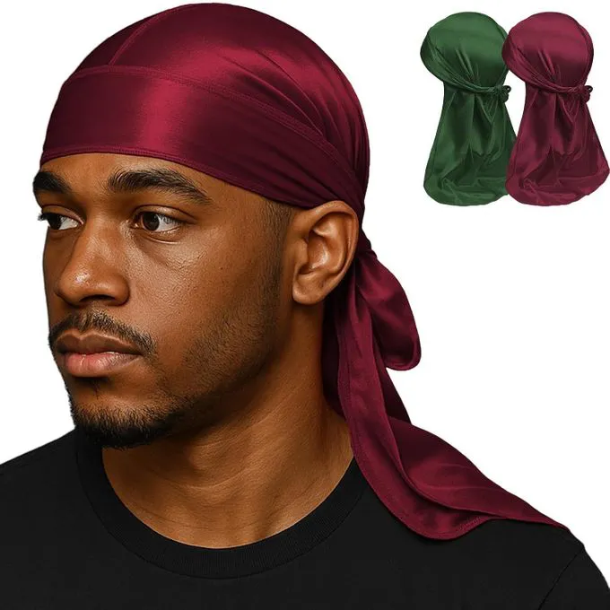 2PCS Silky Durag Pack for Men Waves, Satin Doo Rag for 360 540 720 Waves (wine red+dark green)