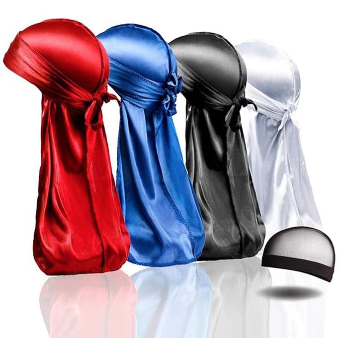 4PCS Silky Durags, Silk Durag for Men Women Waves, Silk Durag Pack with 1 Wave Cap, Silky Satin Durag Extra Long Tails
