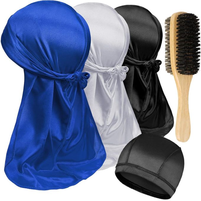 3PCS Silky Durag With Double Sided Brush Packs For Men Waves, Satin Doo Rag For 360 540 720 Waves, Award 1 Wave Cap