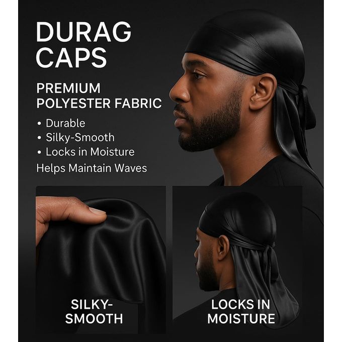 3PCS Silky Durag With Double Sided Brush Packs For Men Waves, Satin Doo Rag For 360 540 720 Waves, Award 1 Wave Cap
