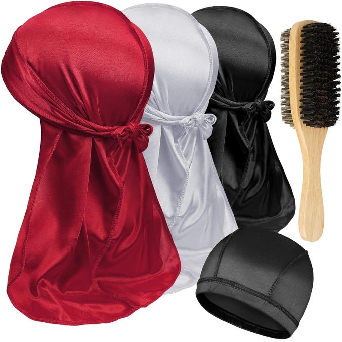 3PCS Silky Durag With Double Sided Brush Packs For Men Waves, Satin Doo Rag For 360 540 720 Waves, Award 1 Wave Cap