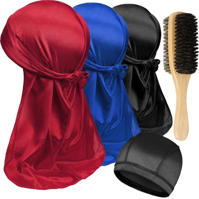 3PCS Silky Durag With Double Sided Brush Packs For Men Waves, Satin Doo Rag For 360 540 720 Waves, Award 1 Wave Cap