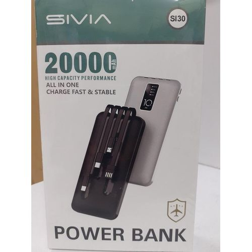 SIVIA 20000mAh Portable Power Bank with 3 In 1 Built-In Cable Android iPhone and Type C