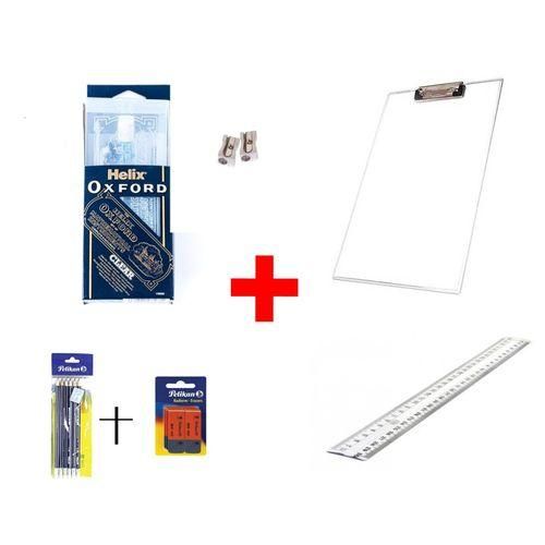 Helix Oxford Mathematical Set Clear with Free Transparent Exam Clipboard, 30cm Ruler,6pcs Pelikan HB pencils, 2pcs Pelikan Eraser and 2pcs Steel Pencil Sharper for KNEC Exams
