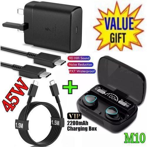 Samsung 45W PD USB-C PD Adapter, Fast Charger for Galaxy S21/S20/Note 20, Power Delivery Wall Charger,  5V/3A 9V/3A 15V/3A 20V/2 + Free M10 Bluetooth Earbuds