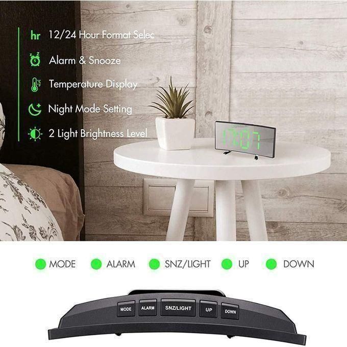 Digital Alarm Clock, LED Bedside Clock Mains Powered, Alarm Clock with Night Light for Bedrooms,7" Curved-Screen,2 Levels of Brightness, Snooze, USB Charger,Travel and Office, Festival Gift