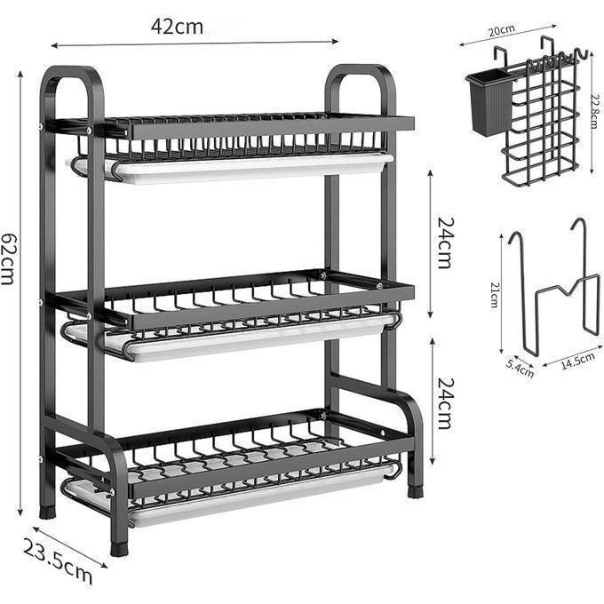 3 Tier All In One Bowl Rack Dish Drainer Metallic 42x26x62cm Kitchen Drying Rack Storage Organizer for Plates Cups Utensils