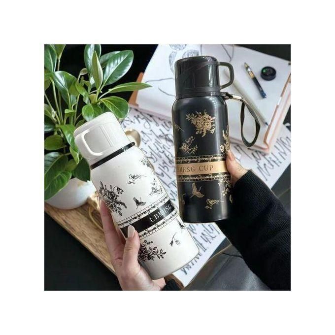 600ml High-Value Black Flower Vacuum Flask Travel Mug – Premium Outdoor Coffee & Tea Insulated Bottle