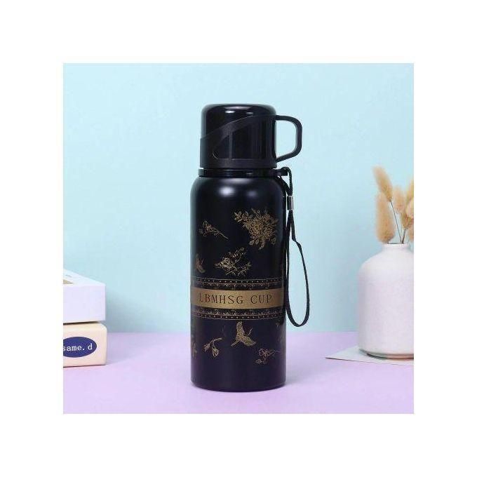 600ml High-Value Black Flower Vacuum Flask Travel Mug – Premium Outdoor Coffee & Tea Insulated Bottle