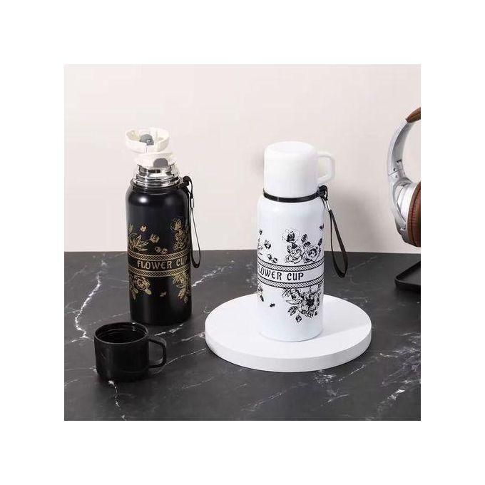 600ml High-Value Black Flower Vacuum Flask Travel Mug – Premium Outdoor Coffee & Tea Insulated Bottle