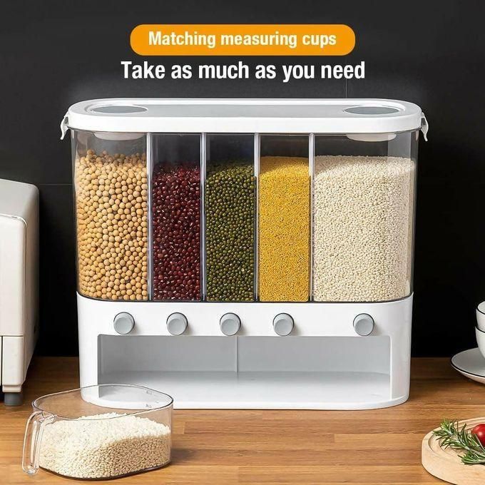 10kgs 6-Partitions Multifunctional Cereal/rice Dispenser 6 Compartments Comes With Measuring Cup And Adhesive Sticker For Sticking On Wall Capacity 10kgsCereal Dispenser