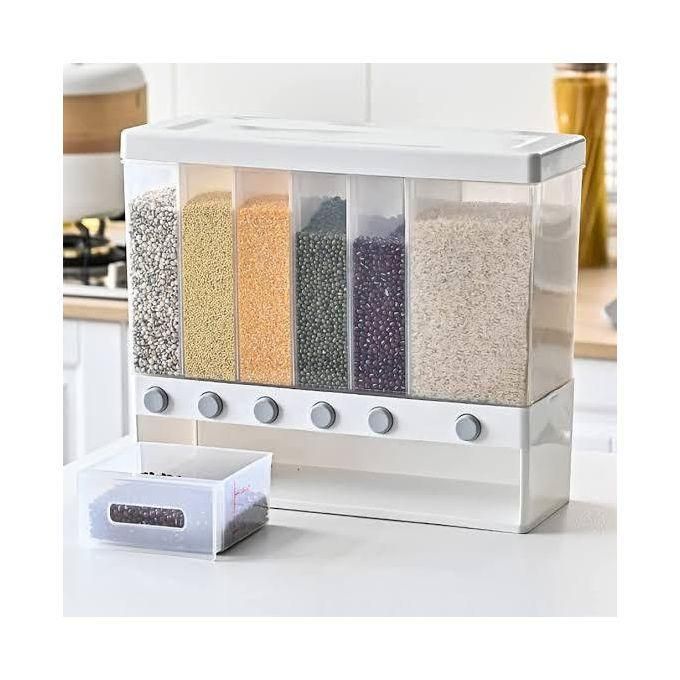 10kgs 6-Partitions Multifunctional Cereal/rice Dispenser 6 Compartments Comes With Measuring Cup And Adhesive Sticker For Sticking On Wall Capacity 10kgsCereal Dispenser