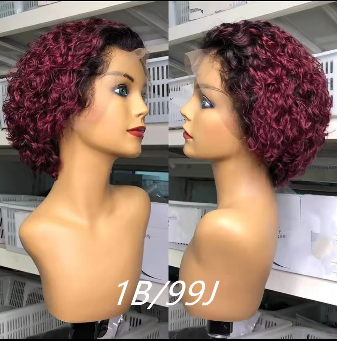 Water curl short pixie human hair wig, frontal human hair wig, curly human hair wig + free gifts