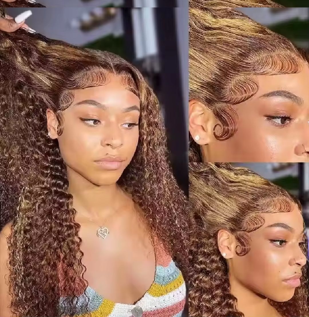 Highlight human hair water curl., frontal human hair wig Deep curls. With baby hair pre plucked human hair wig + free gifts