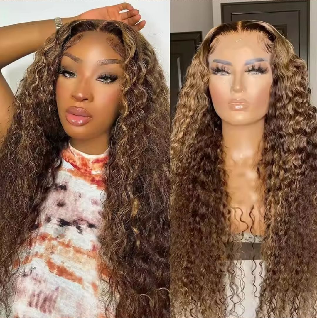 Highlight human hair water curl., frontal human hair wig Deep curls. With baby hair pre plucked human hair wig + free gifts