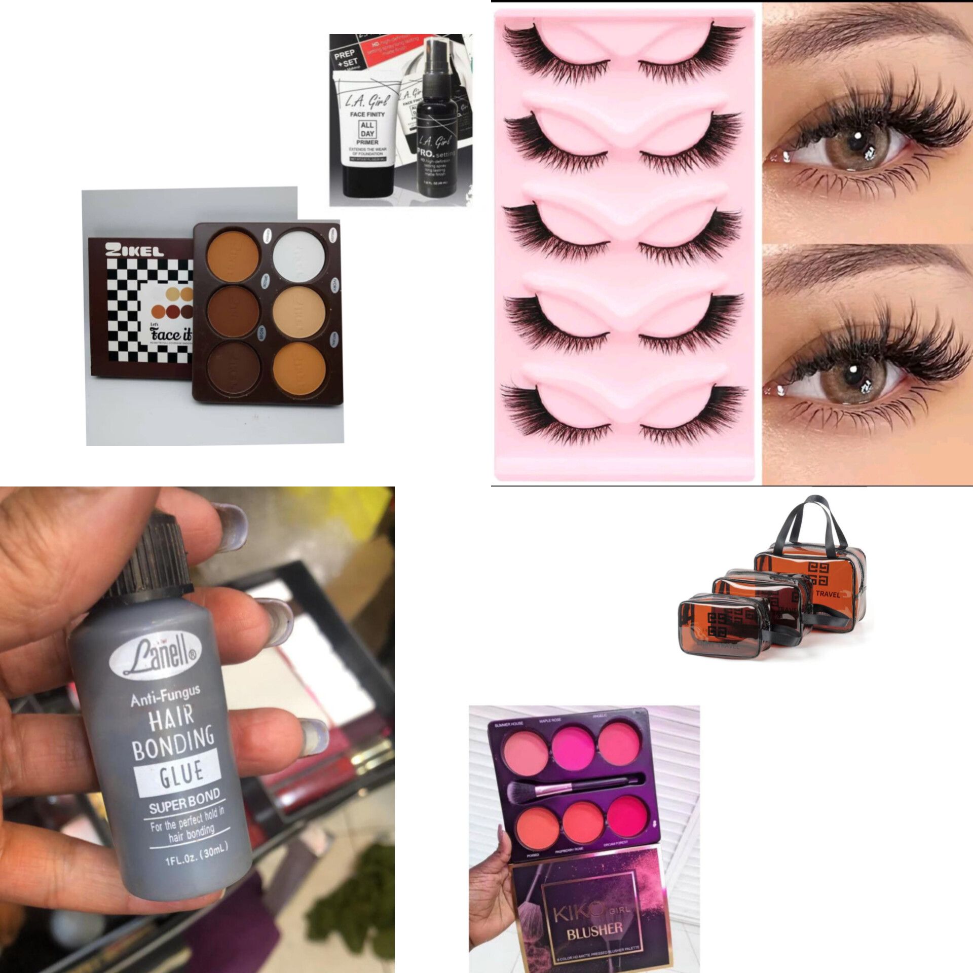 Makeup set  5pcs  Eyelashes, Eyelashes glue  , settings spray, primer, Zikiel contour palette, Makeup bags, Blush contour palette