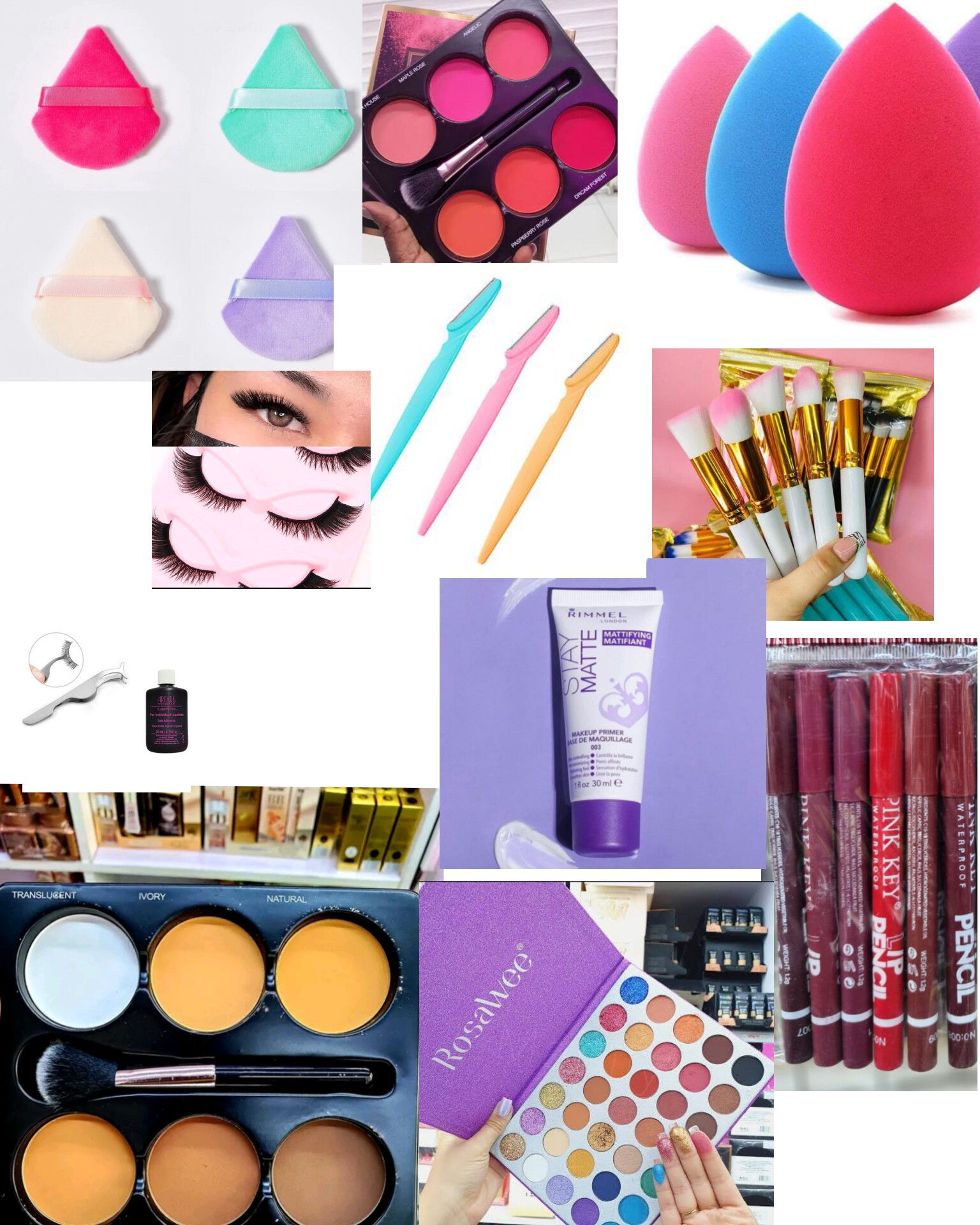 Full makeup kit set  primer , sacha contour palette, 5pcs Eyelashes, Makeup brushes set, Lip liner, Eyeshadow palette, powder puff, eyebrow trimmer