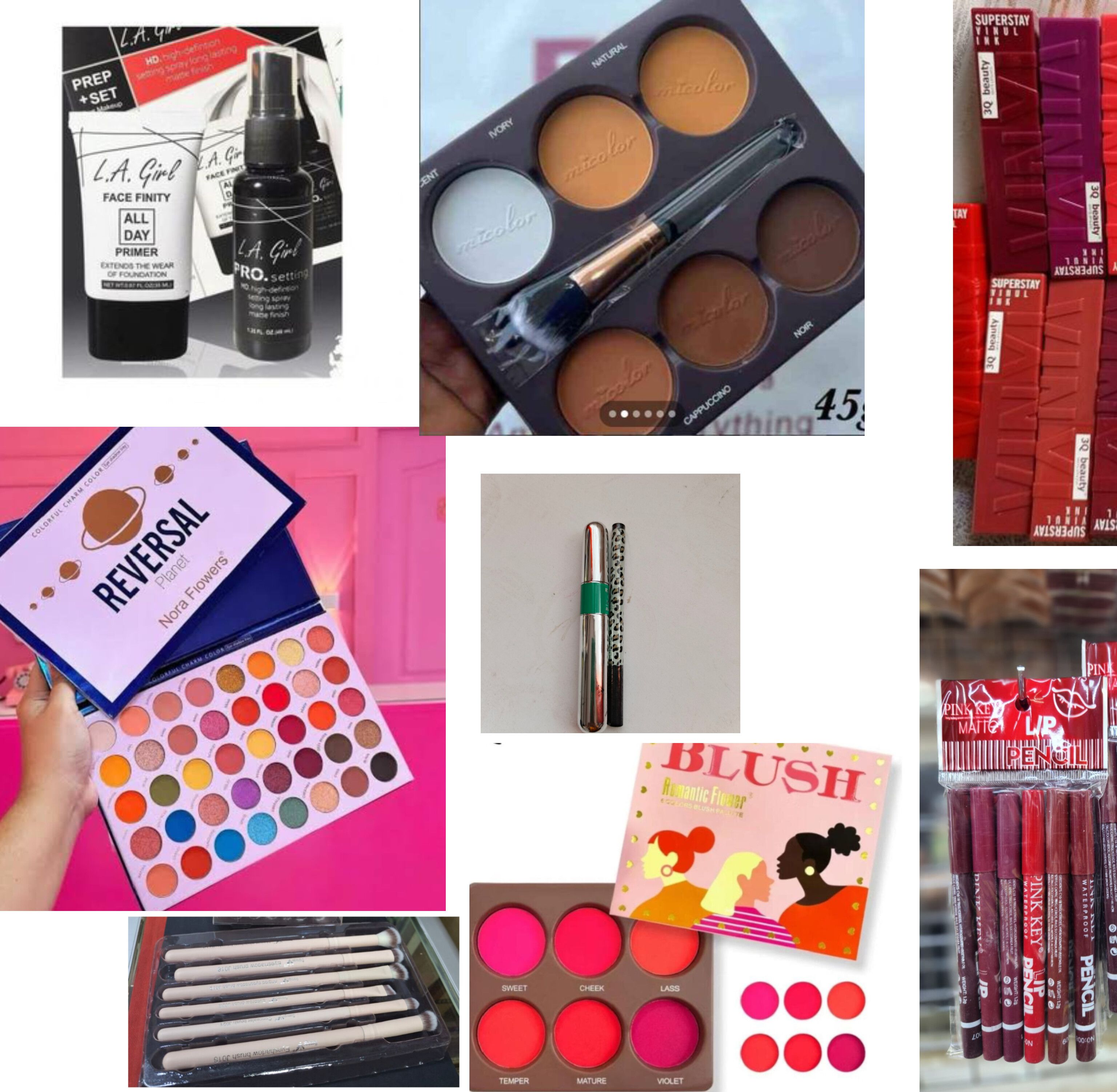 Latest Makeup kit set combo set items - Makeup brushes, Eyeshadow palette, Contour palette, Lip liner, Mascara, Eyeliner, Blush palette, 3pcs Lipstick, setting spray,