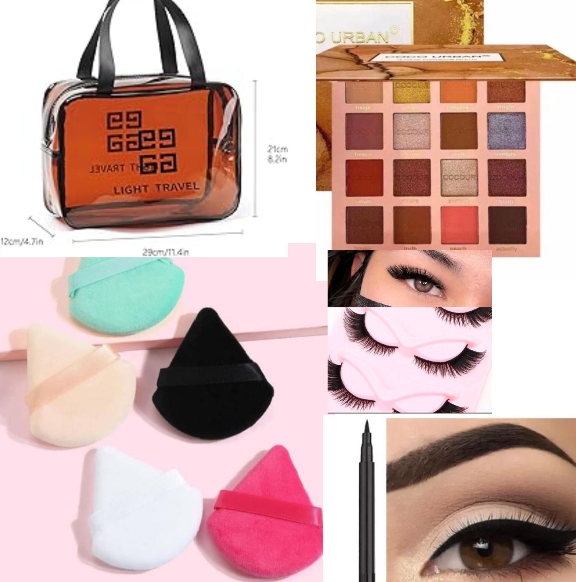 Face makeup kit for Girls & Women - Eyeshadow palette, Powder puff, Eyelashes pack, Eyelinwr, Makeup bag