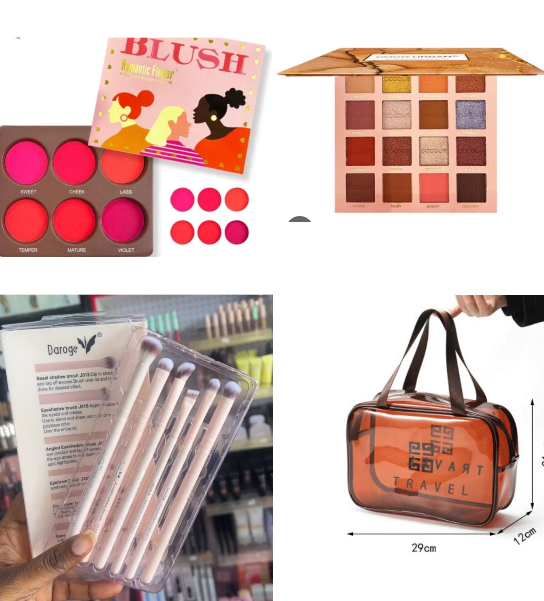 Basic Makeup kit set - Blush palette, Eyeshadow palette, Makeup Brushes, Makeup Bag