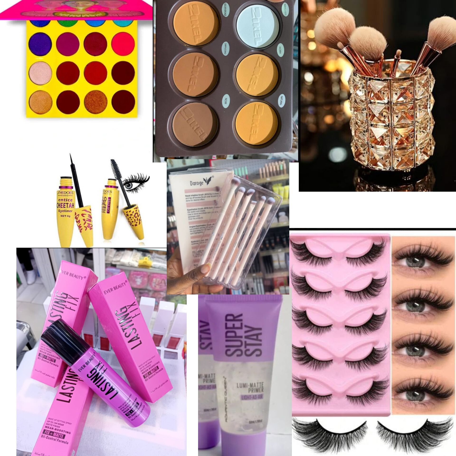 Full makeup kit set include - Makeup brushes organizer, Contour Face powder, Eyeshadow palette, Mascara + Eyeliner, Makeup setting spray, Primer, 5pcs Eyelashes
