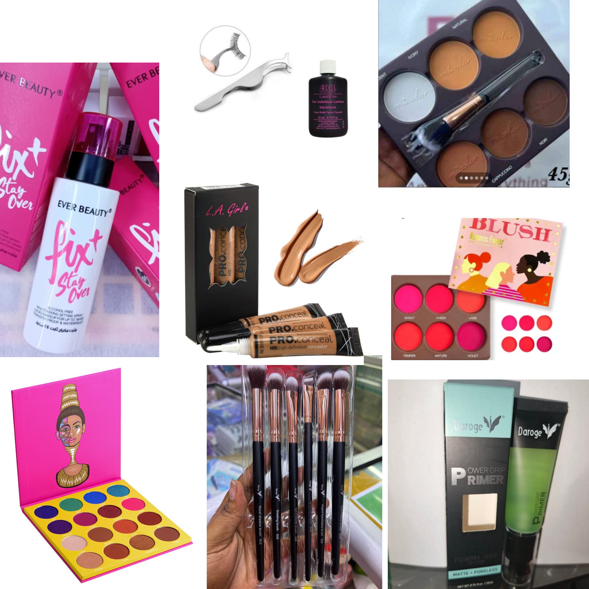 Women Full makeup kit All - in -one SET---- Fixt-stay over setting spray, Lash applicator, Lash glue, Contour palette, 3pcs Concealer , Blush palette, Eyeshadow palette, Makeup brushes, primer