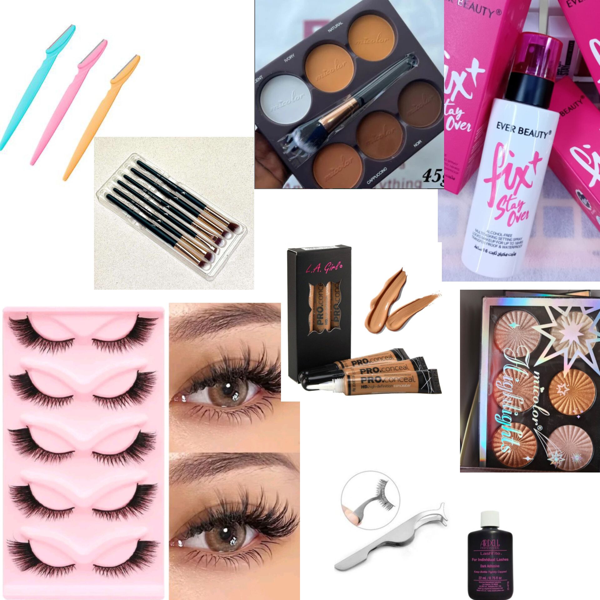 Full women Makeup kit SET ---- 5pcs Eyelashes,  Lash applucator, Lash glue, 3pcs Concealer, micolor palette, Makeup brushes SEt, Trimmer, Contour palette, Fix -it stay over setting spray