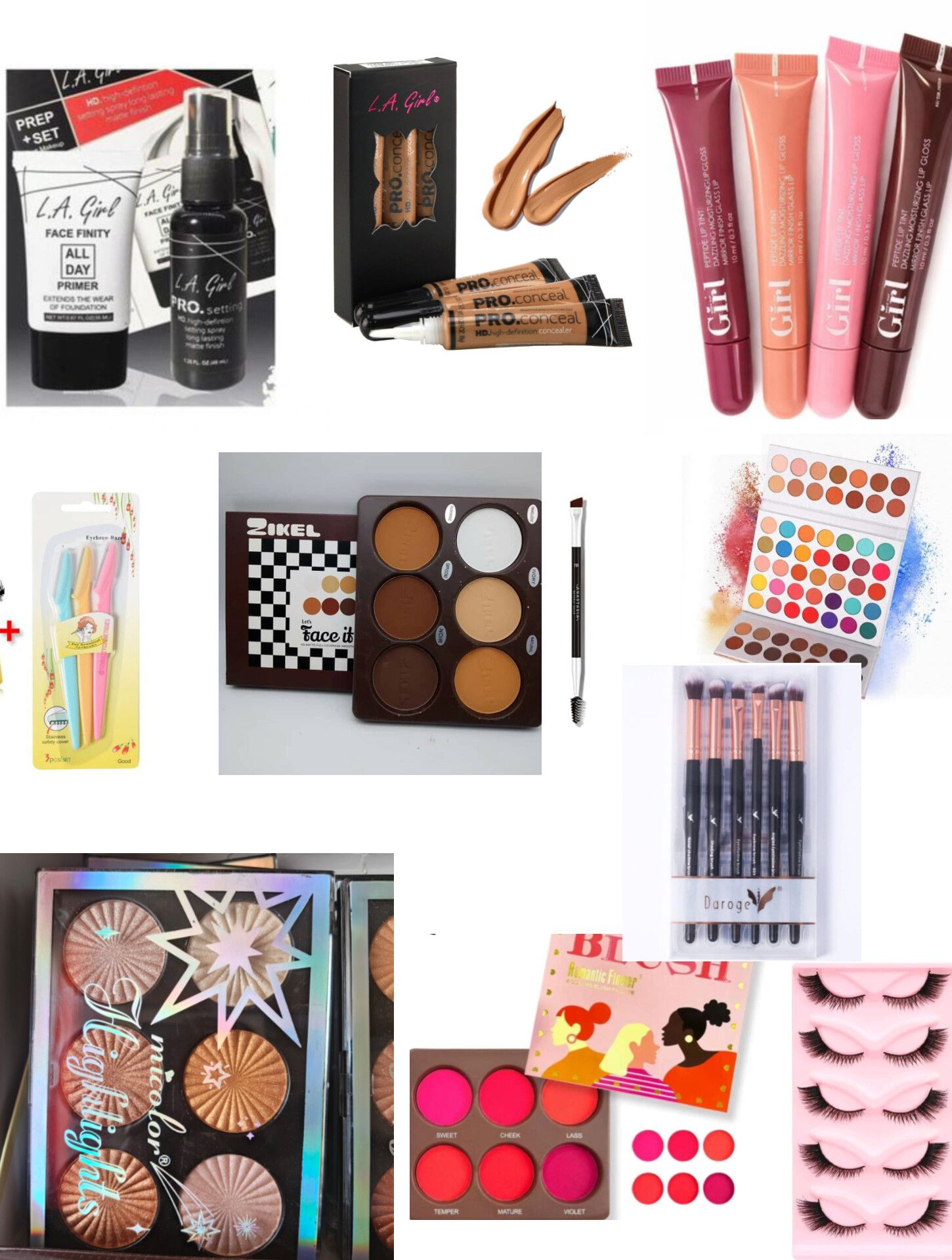 Full makeup kit set include - makeup primer, setting spray, 3pcs concealer, 4pcs Concealer, Eyebrow trimmer, Contour palette, Eyebrow brush, Eyeshadow palette, makeup brushes, micolor highligter, blus