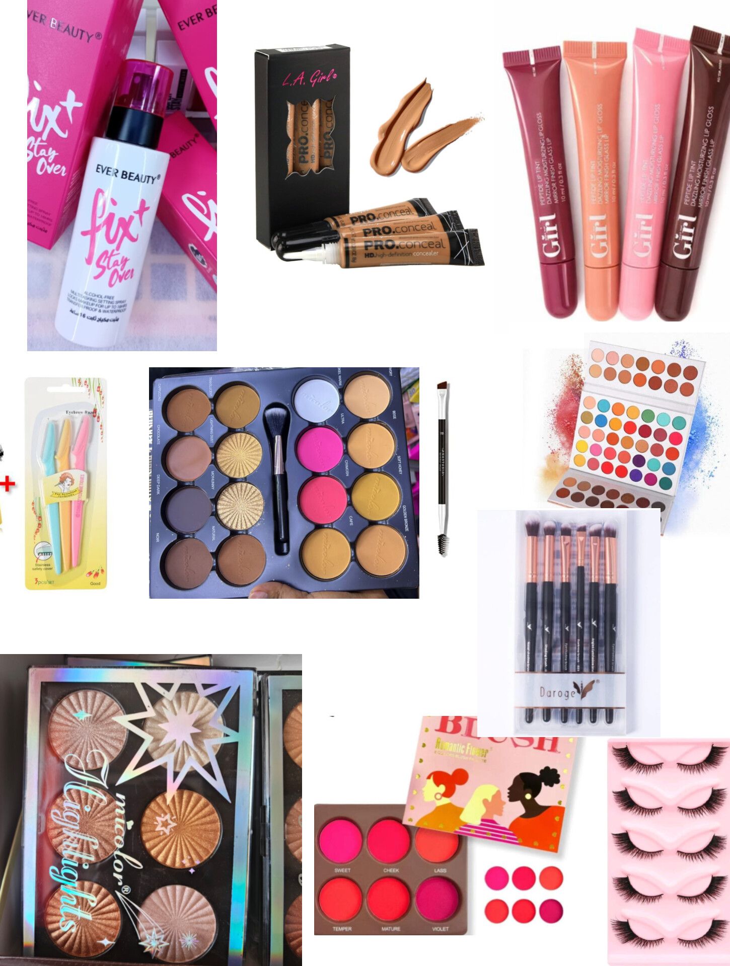 FULL Women makeup kit set - Fix-it setting spray, 3pcs Concealer, 4pcs Concealer, Eyebrow trimmer, micolor contour palette, Eyebrow brush, Eyeshadow palette, makeup brushes, Blush palette, Eyelashes