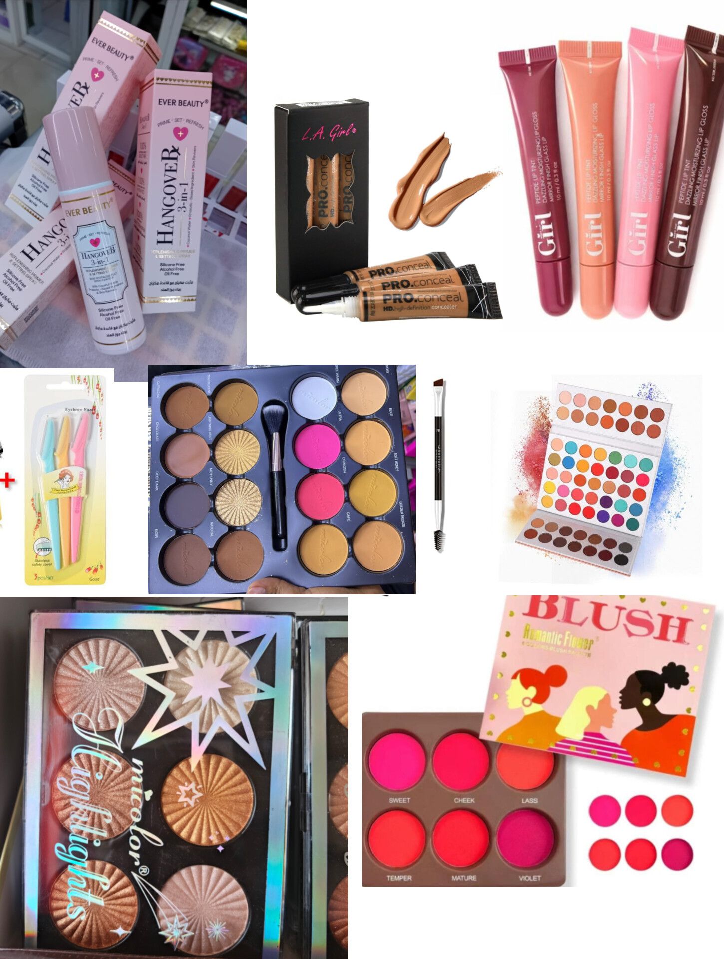 Women Full makeup kit SET - Makeup setting spray, 3pcs Concealer, 4pcs Lip gloss, Eyebrow trimmer, micolor contour palette, Eyebrow brush, Eyeshadow palette, Highligter palette, blush palette