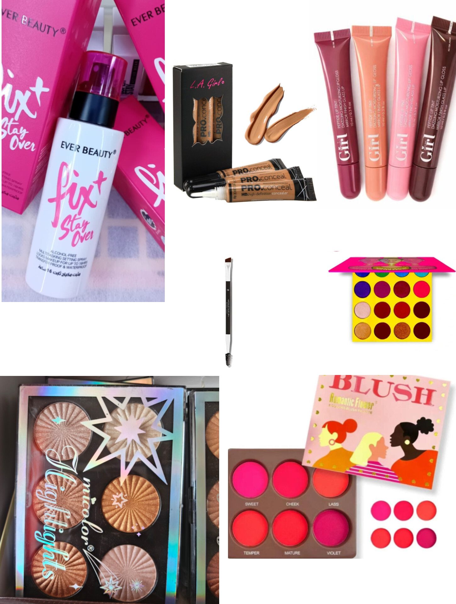 Women makeup kit set - Fix-it stay over setting spray, Highligter palette, Blush palette, Eyebrow brush, Eyeshadow palette, 3pcs Concealer, 4pcs Lip gloss