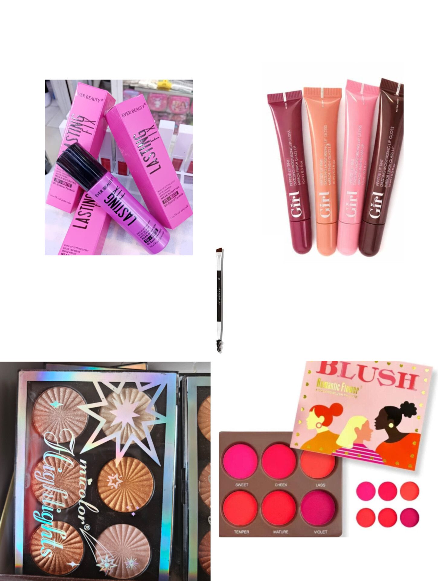 Women Makeup kit set include - Lasting Fix-it setting spray, 4pcs Lip gloss, Eyebrow brush, Highligter palette, Blush palette, Mascara, Eyeliner