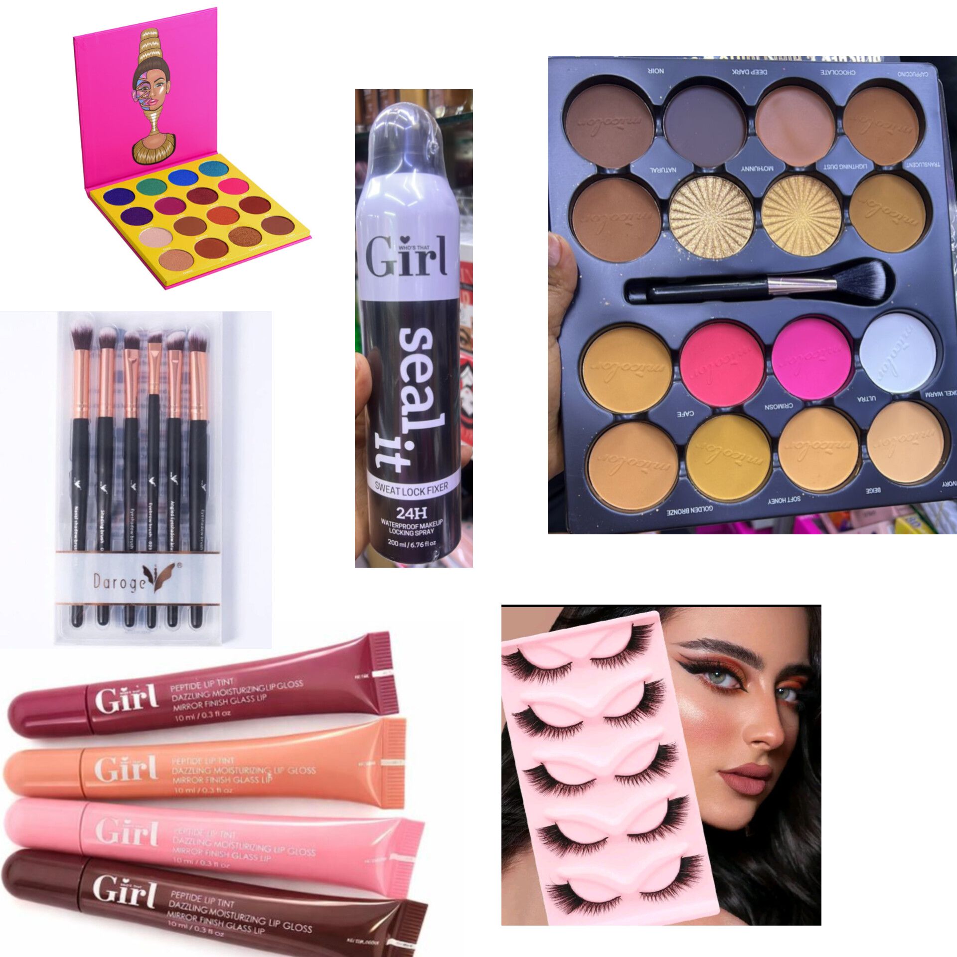 Makeup kit SET include - 4pcs Lip gloss, Eyelashes, makeup brushes, micolor contour palette,  Girl sweat lock setting spray, Eyeshadow palette