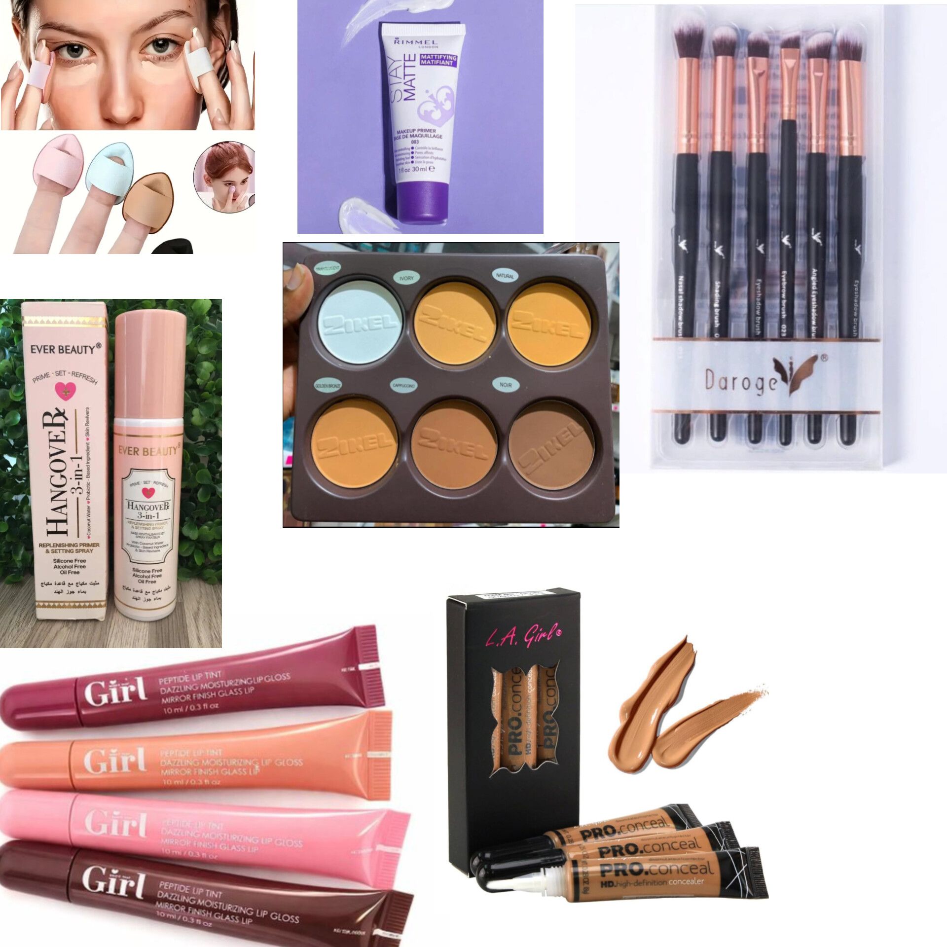 Begginer makeup kit set include - powder puff, makeup primer, makeup brushes, makeup setting spray, contour palette, 4pcs Lip gloss, 3pcs concealer , mascara, Eyeliner